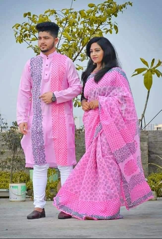 Picture of Dhupian Half Silk Block Print Cotton Couple Set Saree and Panjabi - 325