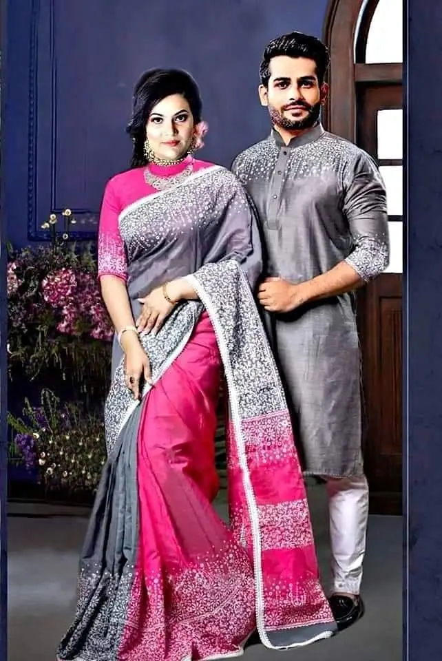 Picture of Dhupian Half Silk Block Print Cotton Couple Set Saree and Panjabi - 326