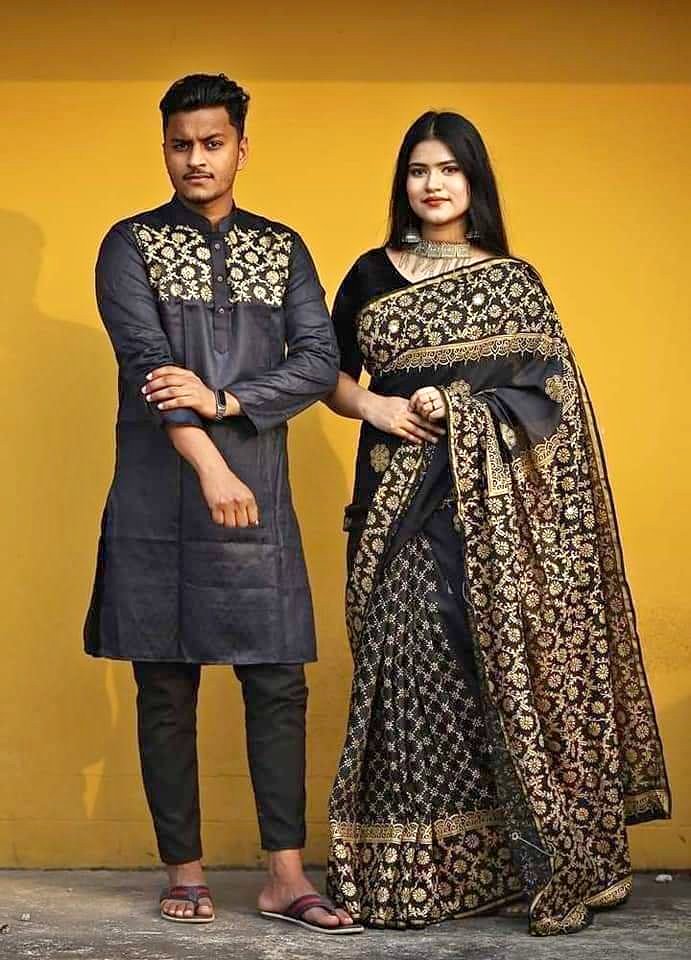 Picture of Dhupian Half Silk Block Print Cotton Couple Set Saree and Panjabi - 327