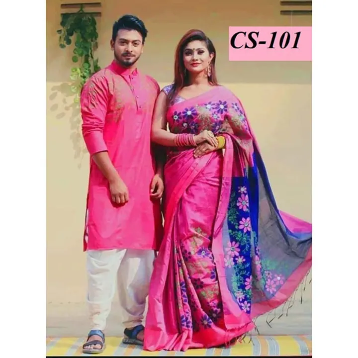 Picture of Dhupian Half Silk Block Print Cotton Couple Set Saree and Panjabi - 328