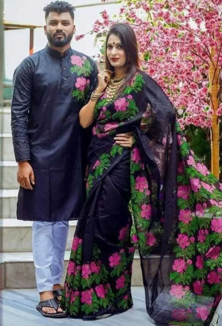 Picture of Dhupian Half Silk Block Print Cotton Couple Set Saree and Panjabi - 331