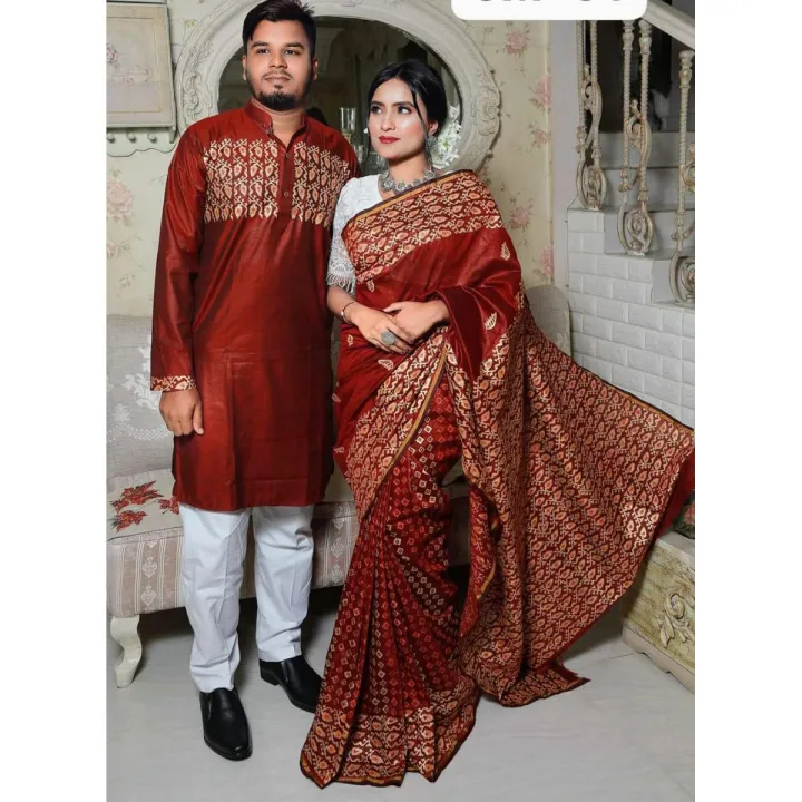 Picture of Dhupian Half Silk Block Print Cotton Couple Set Saree and Panjabi - 332