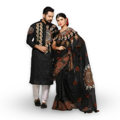 Picture of Dhupian Half Silk Block Print Cotton Couple Set Saree and Panjabi - 333