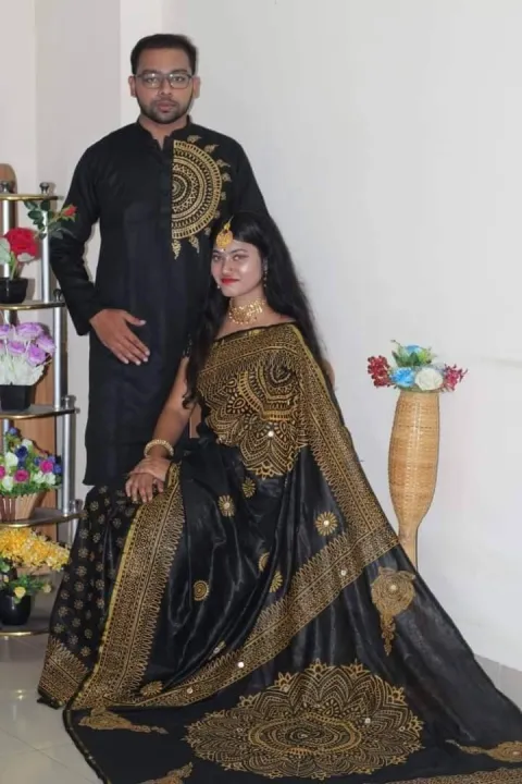 Picture of Dhupian Half Silk Block Print Cotton Couple Set Saree and Panjabi - 335