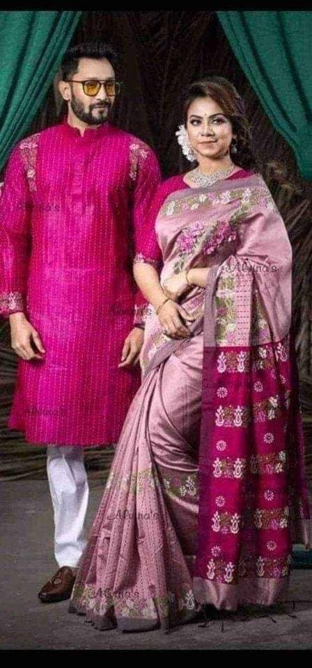 Picture of Dhupian Half Silk Block Print Cotton Couple Set Saree and Panjabi - 338