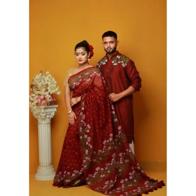 Picture of Dhupian Half Silk Block Print Cotton Couple Set Saree and Panjabi - 340