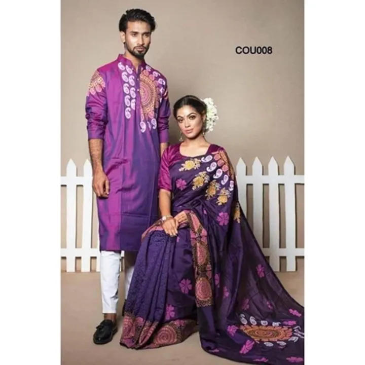 Picture of Dhupian Half Silk Block Print Cotton Couple Set Saree and Panjabi - 343