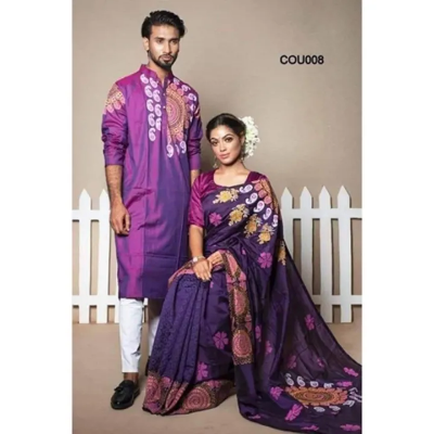Picture of Dhupian Half Silk Block Print Cotton Couple Set Saree and Panjabi - 343