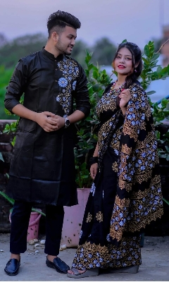 Picture of Dhupian Half Silk Block Print Cotton Couple Set Saree and Panjabi - 345