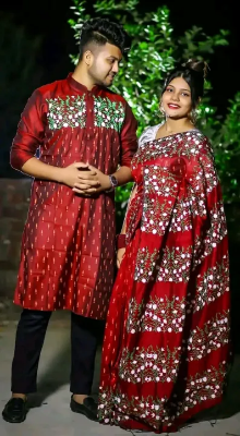 Picture of Dhupian Half Silk Block Print Cotton Couple Set Saree and Panjabi - 346