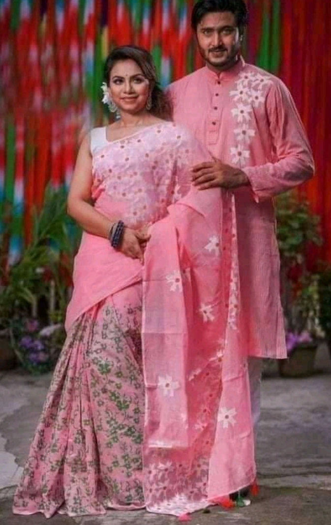 Picture of Dhupian Half Silk Block Print Cotton Couple Set Saree and Panjabi - 347