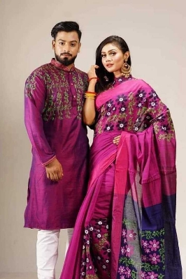 Picture of Dhupian Half Silk Block Print Cotton Couple Set Saree and Panjabi - 355