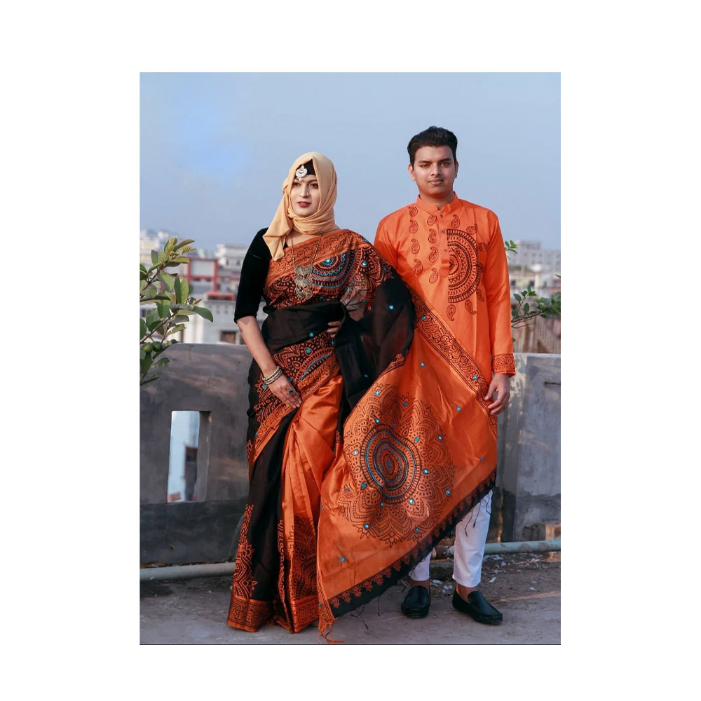 Picture of Dhupian Half Silk Block Print Cotton Couple Set Saree and Panjabi - 357
