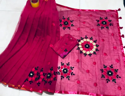 Picture of Embroidery Work Couple Set Vichitra Half Silk Sharee & Dhupian Mix Cotton Panjabi-Red-371