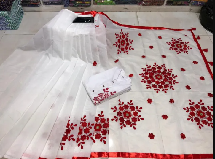 Picture of Embroidery Work Couple Set Vichitra Half Silk Sharee & Dhupian Mix Cotton Panjabi-White & Red - 3723