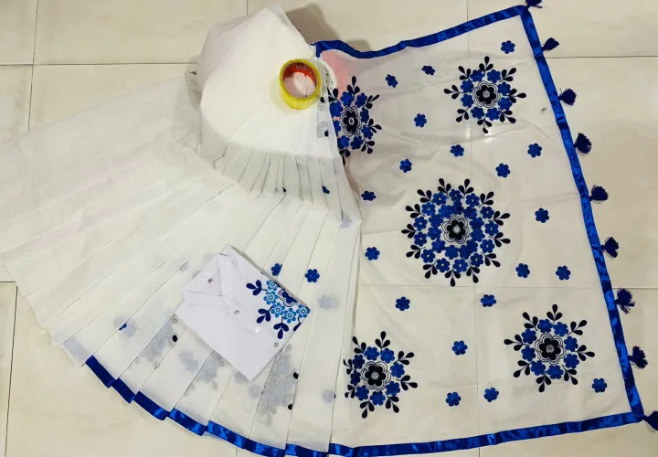 Picture of Embroidery Work Couple Set Vichitra Half Silk Sharee & Dhupian Mix Cotton Panjabi-White & Blue - 3723