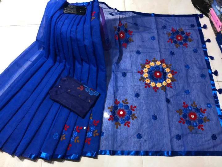 Picture of Embroidery Work Couple Set Vichitra Half Silk Sharee & Dhupian Mix Cotton Panjabi-Blue - 372