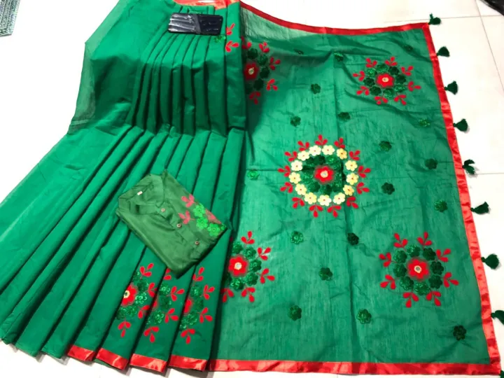 Picture of Embroidery Work Couple Set Vichitra Half Silk Sharee & Dhupian Mix Cotton Panjabi-Green - 372
