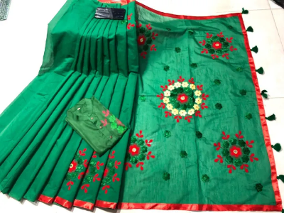 Picture of Embroidery Work Couple Set Vichitra Half Silk Sharee & Dhupian Mix Cotton Panjabi-Green - 372