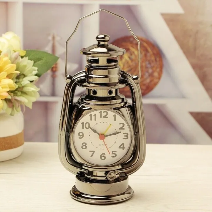 Picture of Vintage Alarm Clock Retro Oil Lamp Alarm Clock Watch Table Kerosene Light Clock Living Room Decor Articles Office Craft Ornament