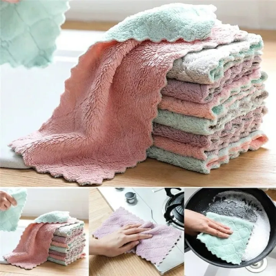 Picture of 10pcs/set Household Kitchen Towels Absorbent Thicker Double-layer Microfiber Wipe Table Kitchen Towel Cleaning Dish Washing Cloth