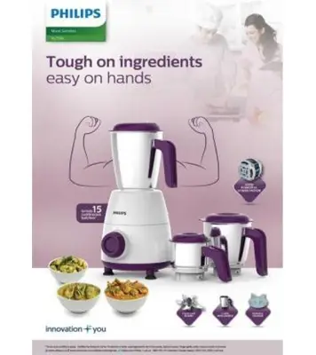 Picture of Philips Daily Collection HL7505/00 500W Mixer Grinder 3 Jars White & Purple