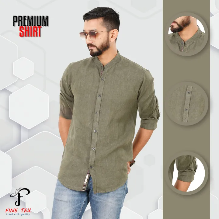 Buy Premium Quality Rawan Fabric Olive Color Casual Band Collar Shirt For Men Collection By Fine Tex Clothing(Casual Band Collar Shirt For Men) at Best Price in Bangladesh