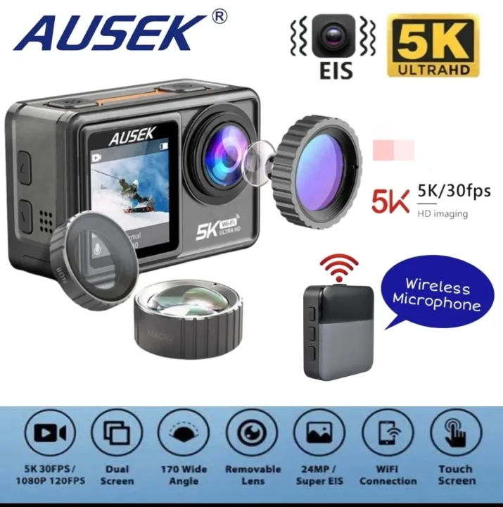 Picture of Wireless Microphone Supported Ausek AT-S81TR Waterproof 5K Dual Display WiFi Action Camera Dual Touch Screen - Combo Pack (Dual Battery, Charger, Microphone, Remote)