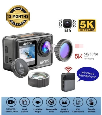 Picture of Wireless Microphone Supported Ausek AT-S81TR Waterproof 5K Dual Display WiFi Action Camera Dual Touch Screen - Combo Pack (Dual Battery, Charger, Microphone, Remote)