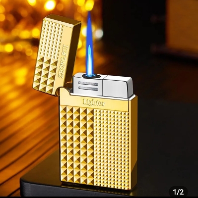 Picture of New Diamond Cut Style Full Metal Body Blue Flame Butane Windproof Cigarete Gas Lighter