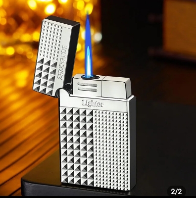 Picture of New Diamond Cut Style Full Metal Body Blue Flame Butane Windproof Cigarete Gas Lighter