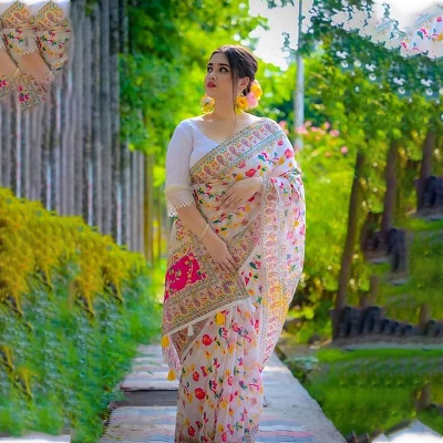 Buy Dhupian Half Silk Skin Print Saree For Women - Multicolor - PP-205 at Best Price In Bangladesh