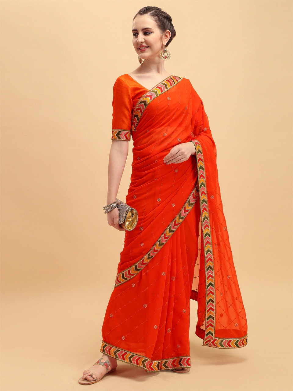 Buy Georgette Saree with Embroidery Work - Red - MN-701at best price In Bangladesh