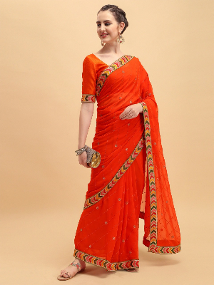 Buy Georgette Saree with Embroidery Work - Red - MN-701at best price In Bangladesh