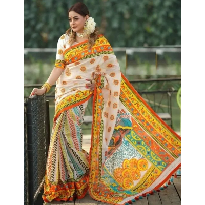 Buy Dhupian Half Silk Skin Print Saree For Women - Multicolor - PP-240 at best price In Bangladesh