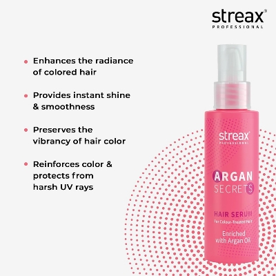 Picture of Streax Professional 100ml Argan Secrets Colour Protect Hair Serum for Women | Enriched with Argan Oil & UV Filter | Prevents Frizz | Provides Instant Shine & Smoothness | Enhances Radiance of Hair