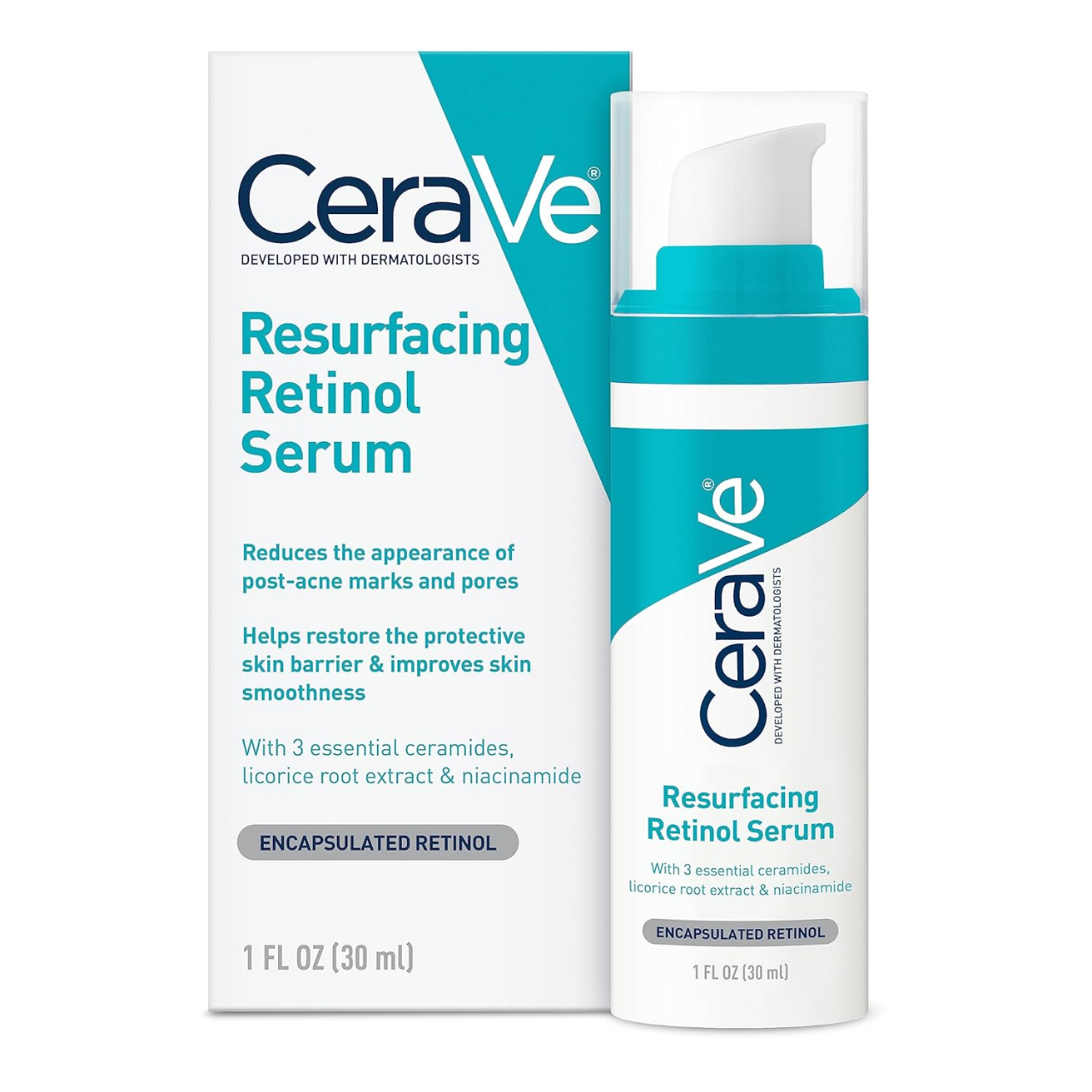 Picture of CeraVe Resurfacing Retinol Serum 30ml for Post-Acne Marks and Skin Texture | Pore Refining, Resurfacing, Brightening Facial Serum with Retinol and Niacinamide | Fragrance Free, Paraben Free & Non-Comedogenic