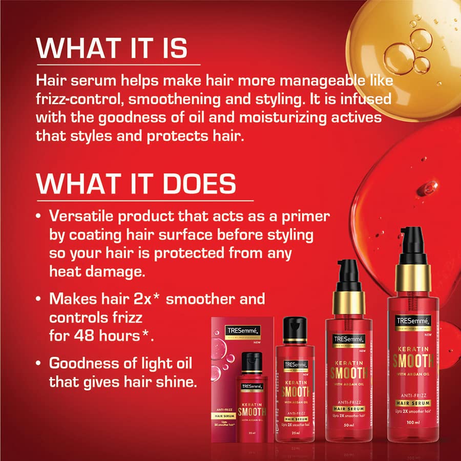 Buy Tresemme Keratin Smooth Anti-Frizz Hair Serum 50ml with Argan Oil, for 2X Smoother Hair and Long Lasting Frizz control upto 48H even in 80% humidity at Best Price In Bangladesh
