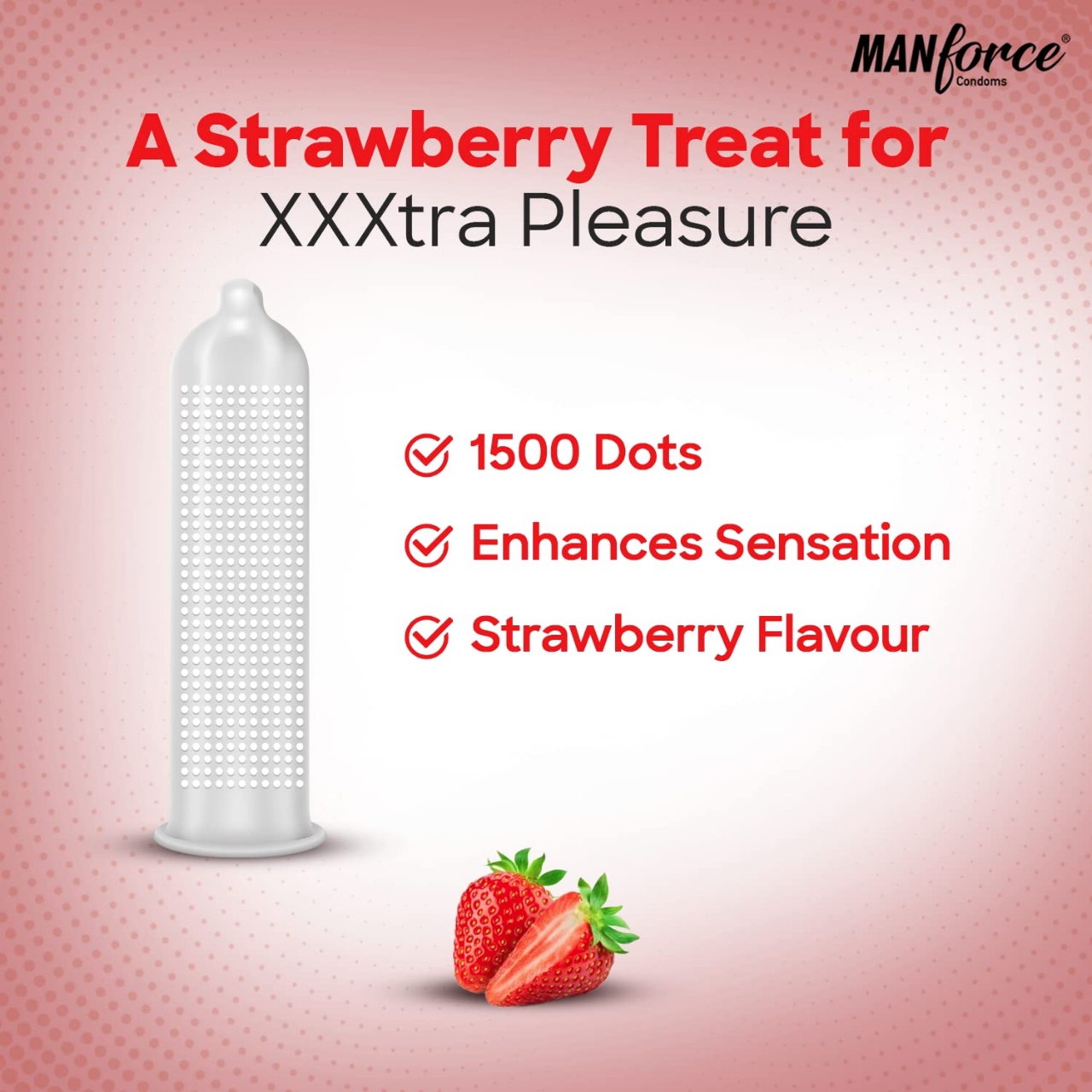 Picture of Manforce Xotic Condom 1500 Dots Strawberry Flavour Condoms Full Box - 3X12= 36Pcs - Condom