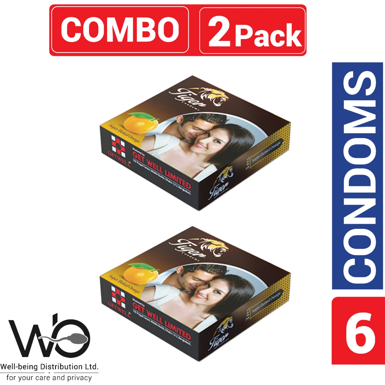 Picture of Tiger Condom-Dotted Orange Flavour - Combo Pack - 2 Packs - 3x2=6pcs