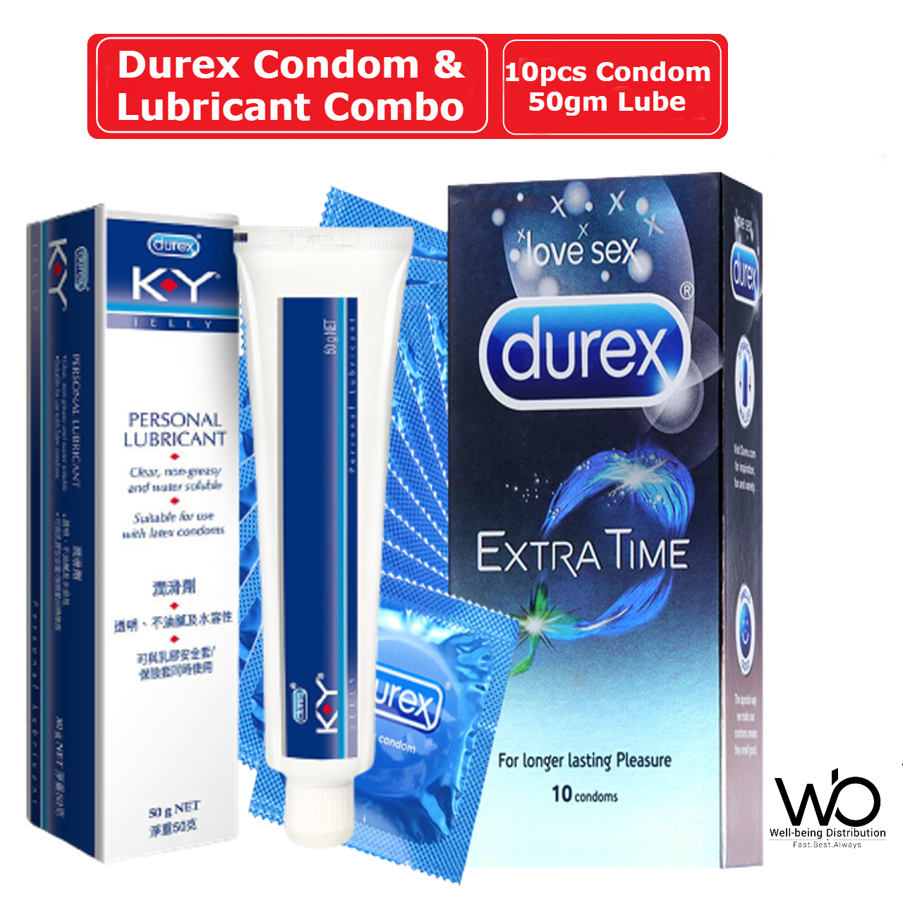 Picture of Durex Condom & Lubricant Combo - Durex Extra Time Condom 10pcs & Durex KY Jelly Personal Lubricant 50gm