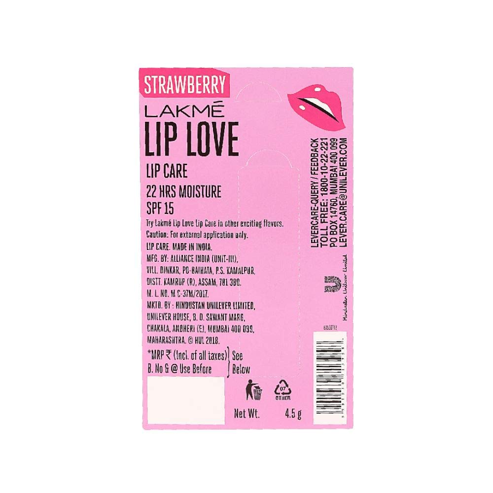 Picture of Lakme Lip Love Strawberry Lip Care Balm 4.5g | 22 H Moisture Formula | SPF 15