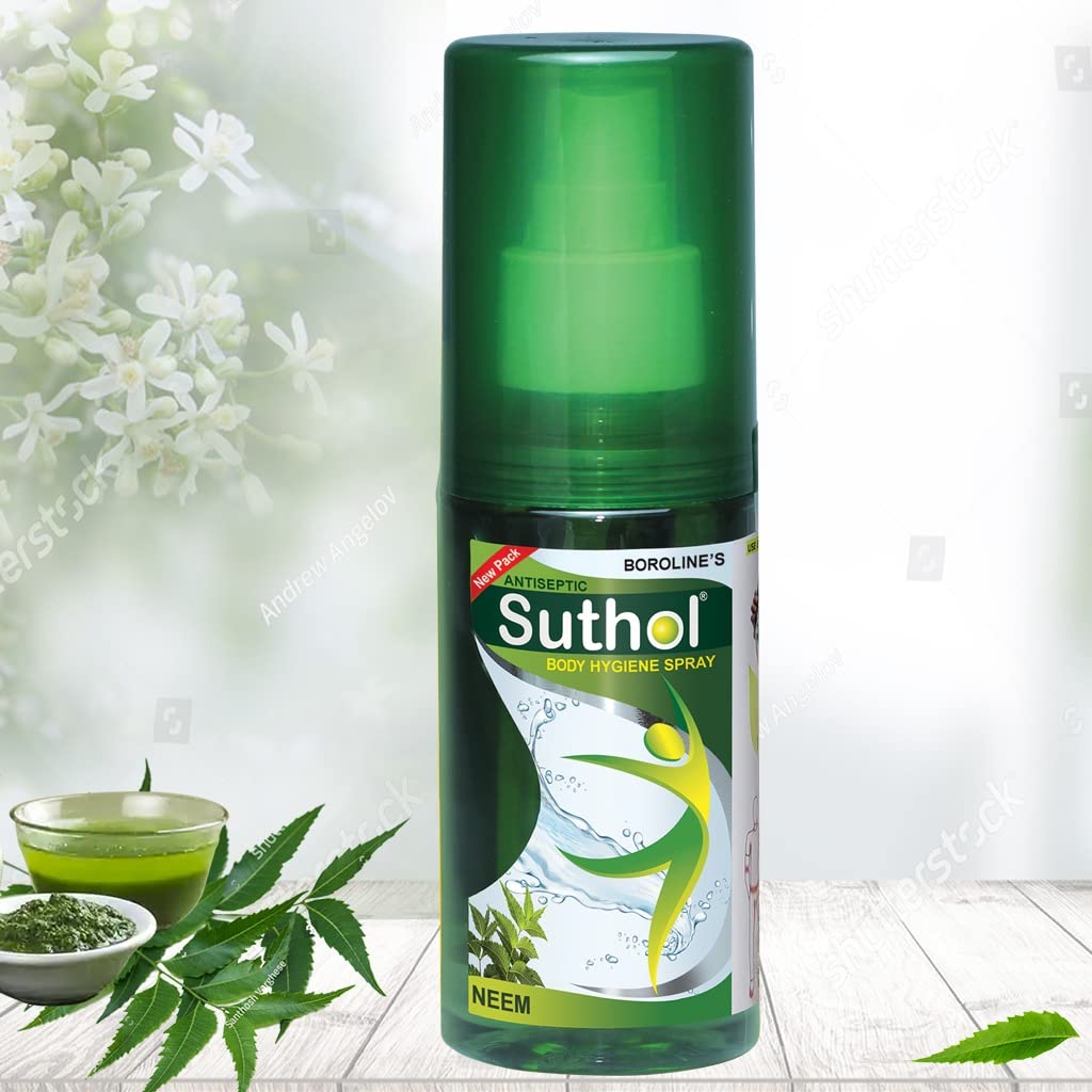 Picture of BOROLINE's Suthol Active Neem Antiseptic Body Hygiene Spray 100 ml | Stops Skin Irritations, Prickly Heat Itching, Rashes | With Neem, Tumeric & Aloe vera | India