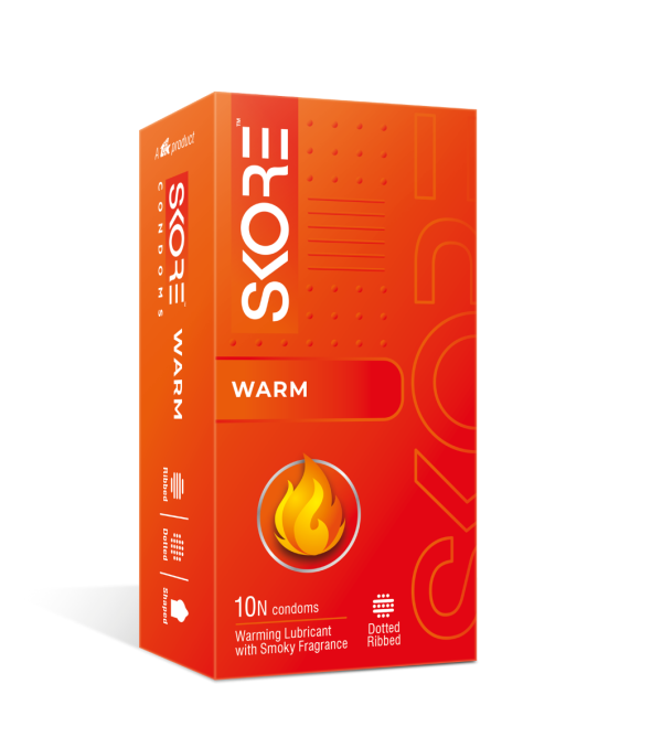 Picture of Skore Warm Colored, Dotted, Ribbed & Shaped Condom for Men with Warming lubricant & Smoky Fragrance | 10pcs Pack | India