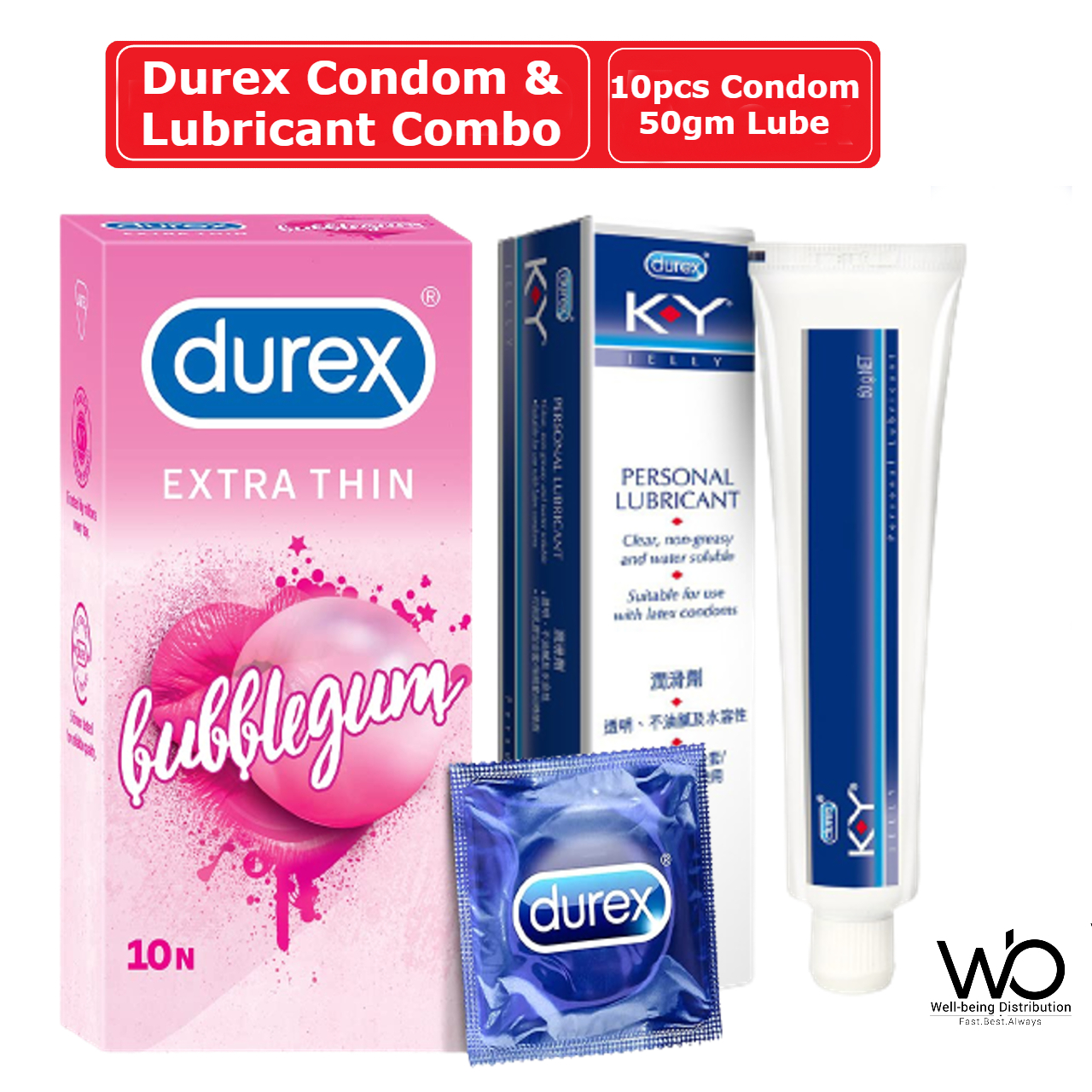 Picture of Durex Condom & Lubricant Combo - Durex Extra Thin Bubblegum Condom 10pcs & Durex KY Jelly Personal Lubricant 50gm