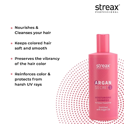 Picture of Streax Professional Shampoo 300ml Argan Secrets MOISTURISING Shampoo for Women | Enriched with Argan Oil & UV Filter | Enhances Colour Retention | Cleanses & Nourishes Hair