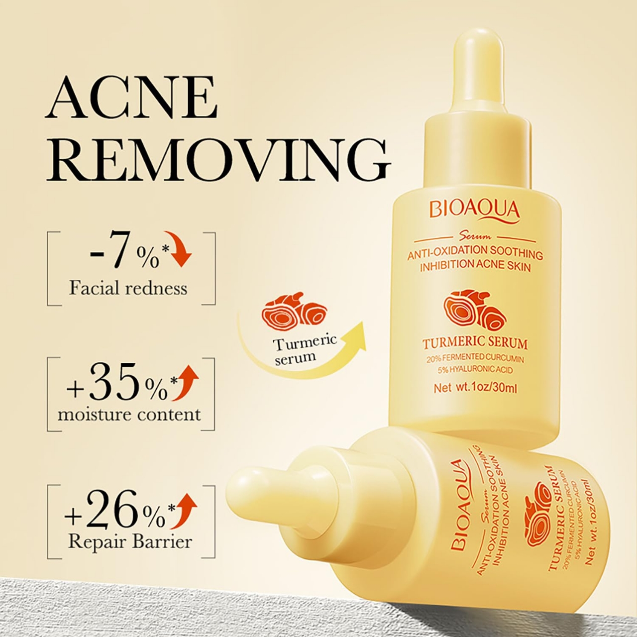 Picture of BIOAQUA Turmeric Facial Serum 30ml Anti-Oxidation Soothing Acne Skin Hyaluronic Acid Control Oil Moisturizing Face Skin