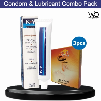 Picture of Condom & Lubricant Combo Pack - Tiger Ultra Thin Condom Orange Flavor Single Pack & J&J KY Jelly Personal Lubricant 50gm Pack
