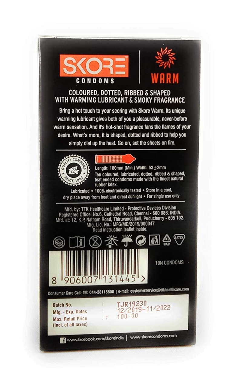 Picture of Skore Warm Colored, Dotted, Ribbed & Shaped Condom for Men with Warming lubricant & Smoky Fragrance | 10pcs Pack | India