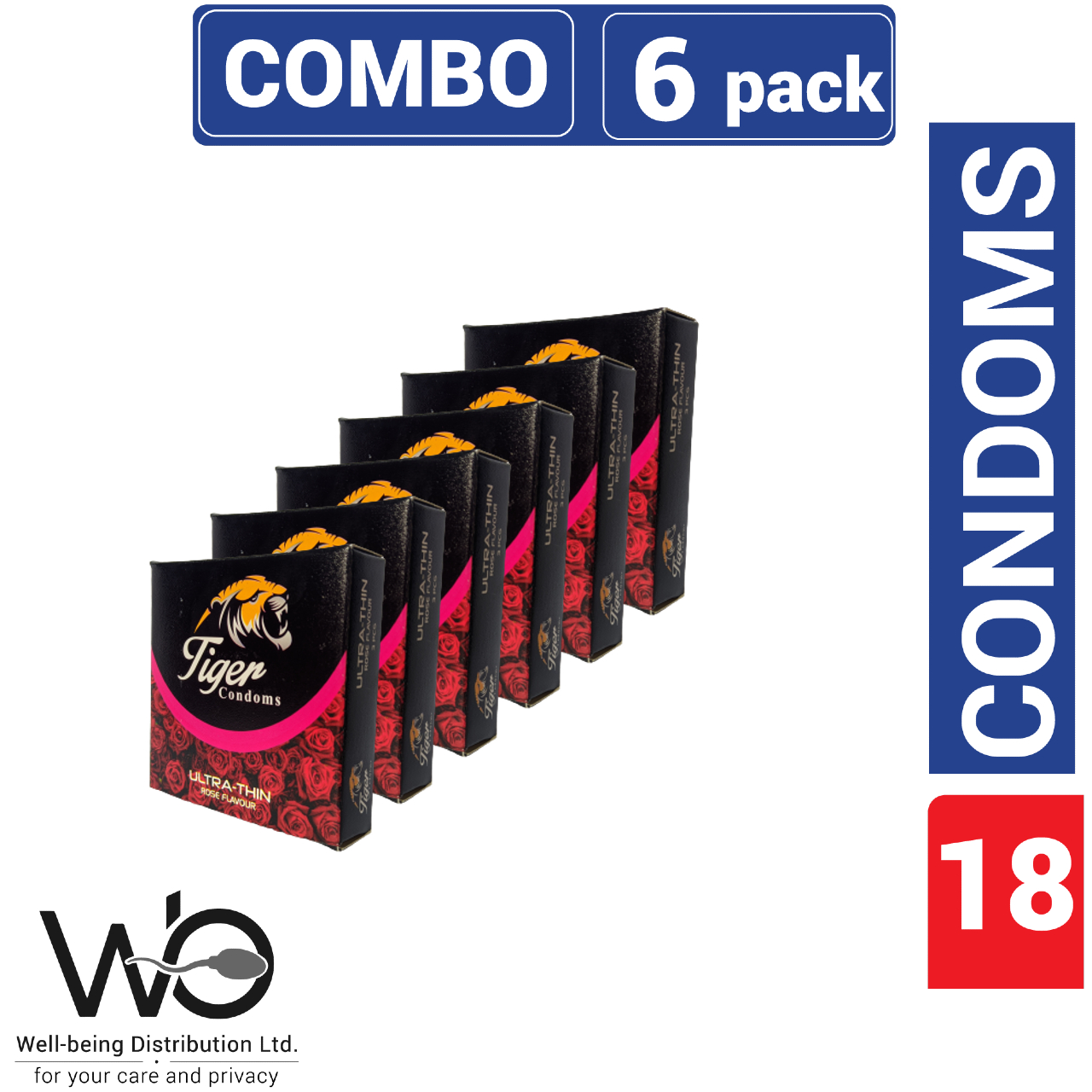 Picture of Tiger - Ultra Thin Rose Flavour Condom - Combo Pack - 6 Packs - 3x6=18pcs